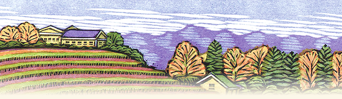 Cedarville Label background woodcut with vineyard rows and winery